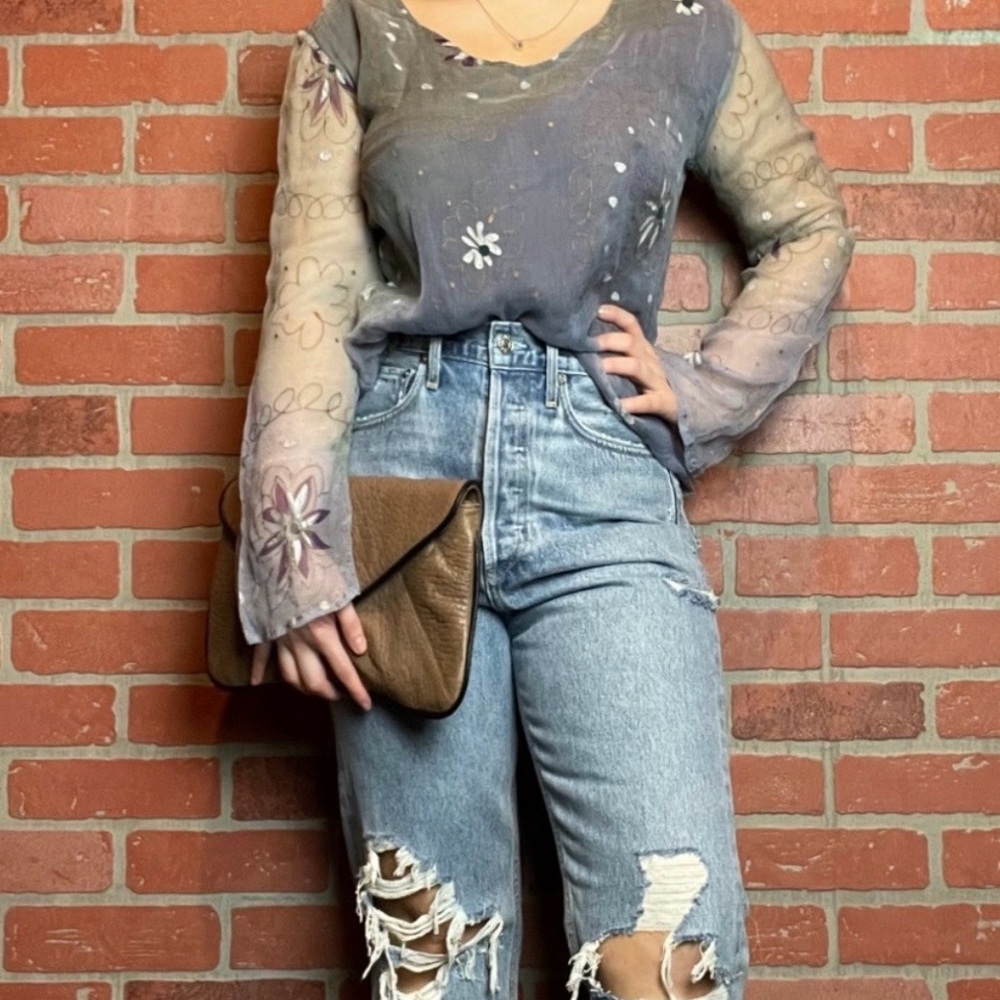 Vintage 90’s Y2K Kathmandu Blue Sheer Floral Print Blouse XS/S